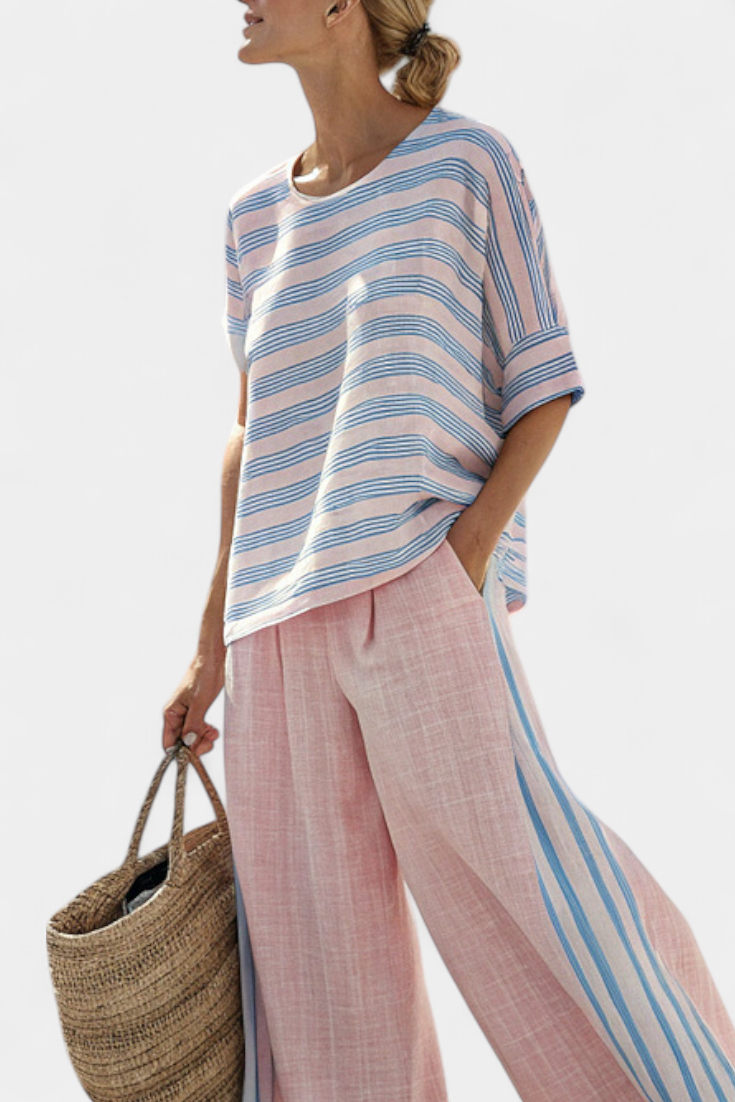 Striped Short Sleeve Top and Wide Leg Pants Two Piece Set