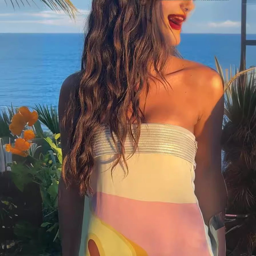 Strapless Satin Color Block Striped Bust Column Maxi Dress 3