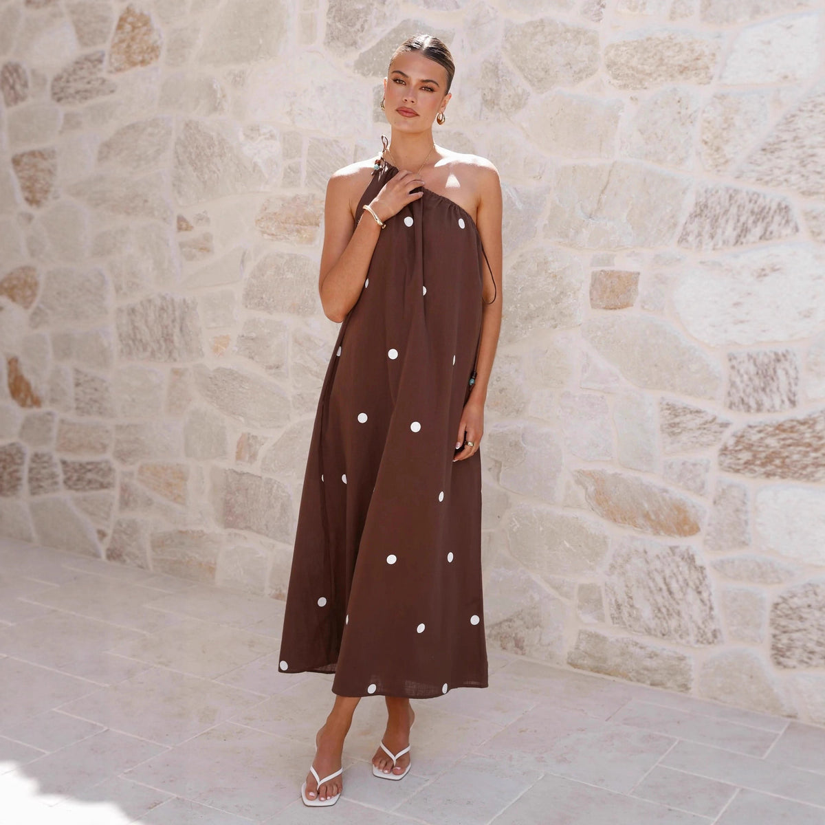 Polka Dot One Shoulder Tie Strap Loose A-Line Maxi Dress