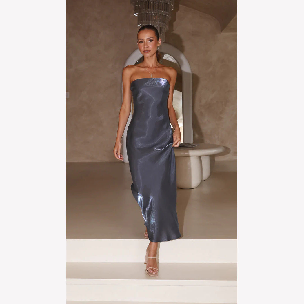 Strapless Bandeau Satin Column Bodycon Maxi Dress