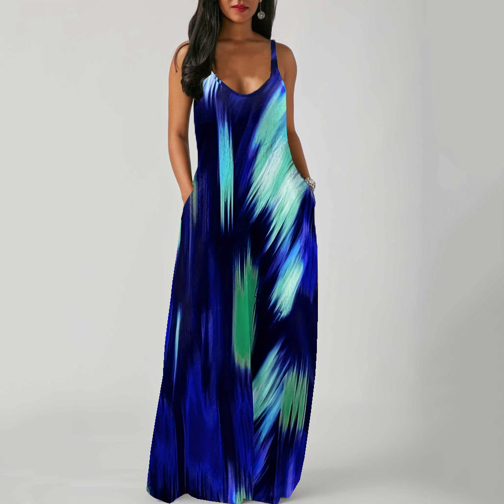 V-Neck Spaghetti Strap Ombre Pocket Loose Maxi Dress 16