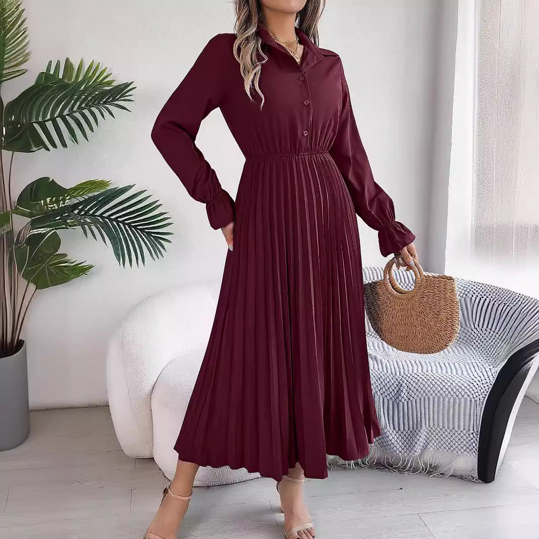 Collared Button Front Ruffle Cuff Long Sleeve Pleated Midi Shirt Dress 4