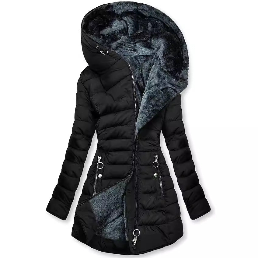 Hooded Fleece Lined Zip Front Quilted Puffer Coat