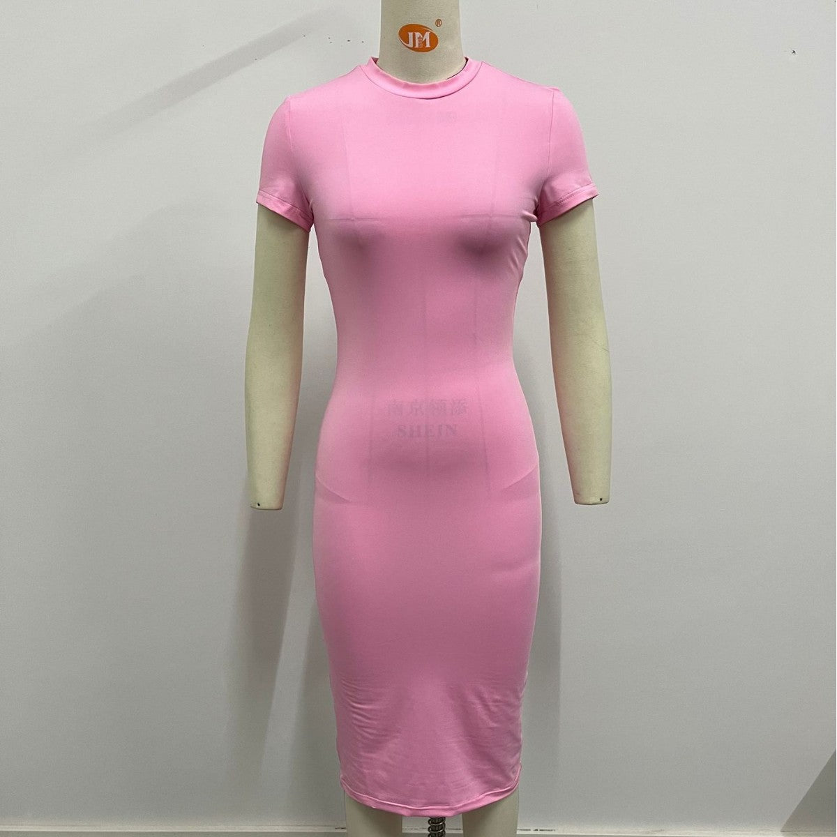 Women Clothing Summer Solid Color Dress Kardashian Sexy Slim Fit Short Sleeve round Neck Midi Dress