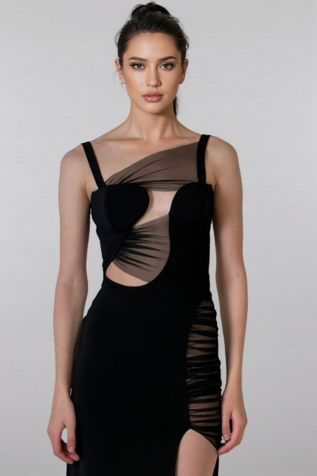 Asymmetric Strap Ruched Mesh Cut Out High Split Bodycon Maxi Dress 5