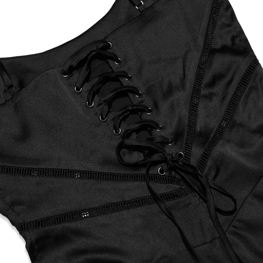Square Neck Lace Up Back Satin Slip Maxi Dress