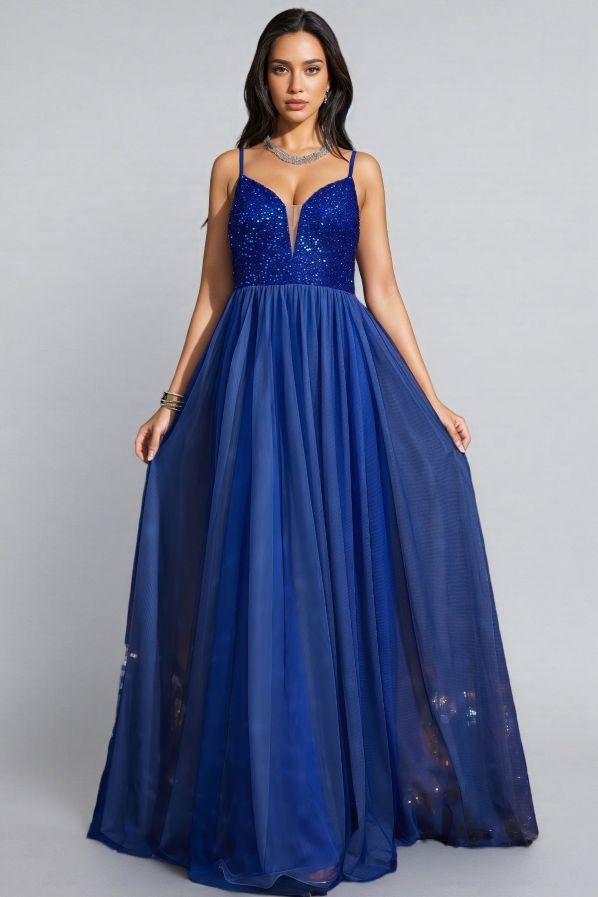 Sequin Bodice Spaghetti Strap V-Neck Tulle A-Line Maxi Gown