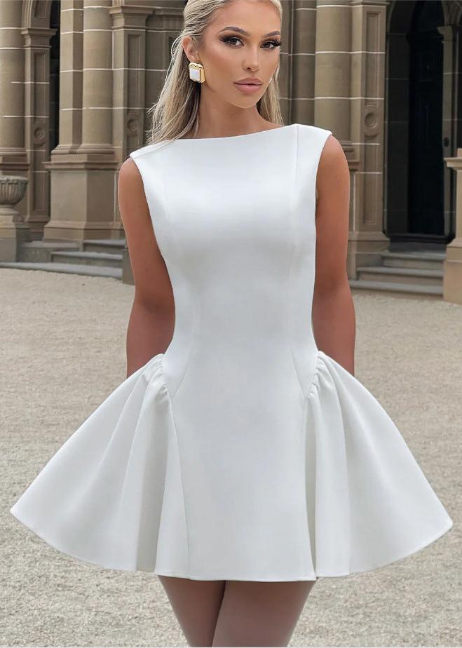 Boat Neck Sleeveless Princess Seam Structured Sculptural Fit and Flare Mini Cocktail Dress