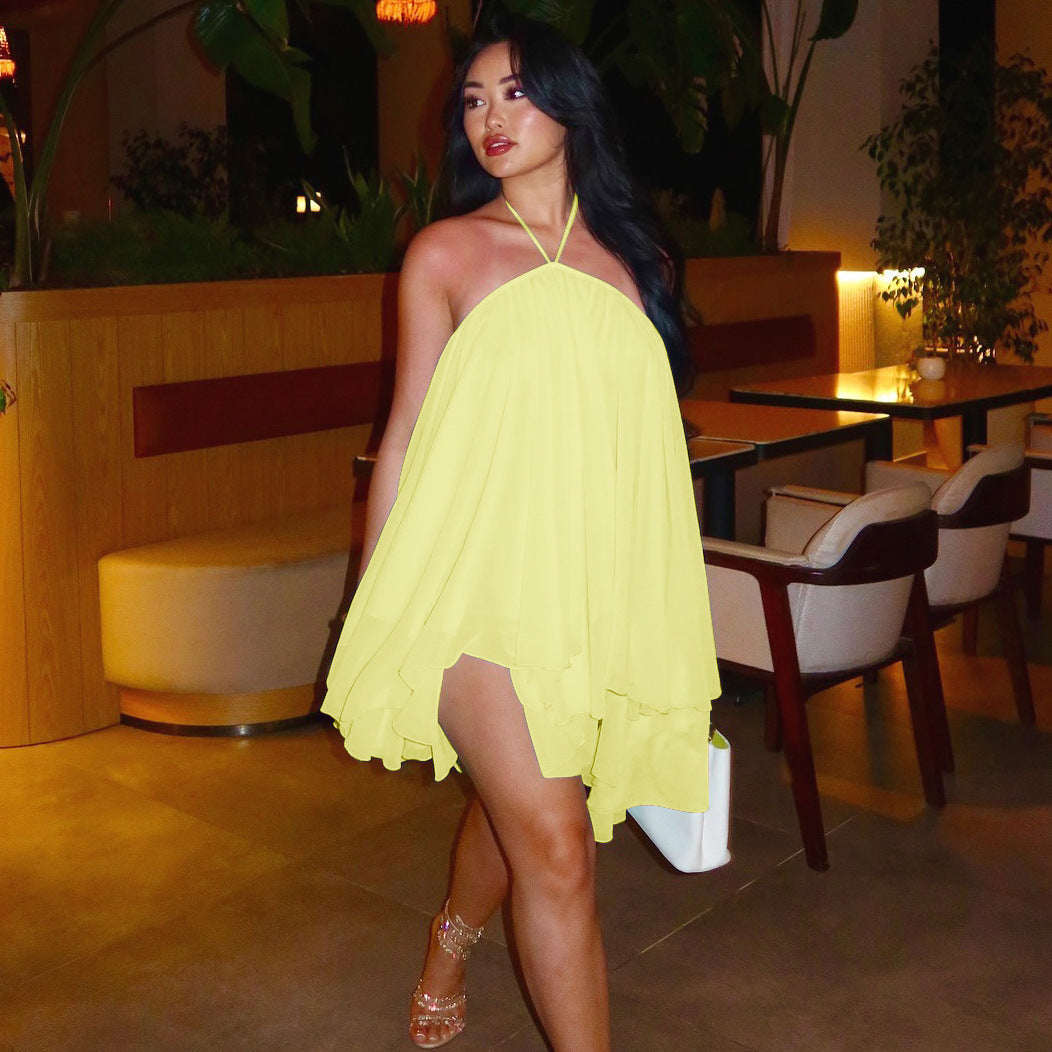 Halter Neck Backless Chiffon Flowy Tiered Mini Dress 2