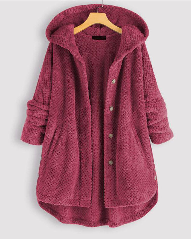 Button Closure Rounded Hem Hooded Sweatshirt Jacket