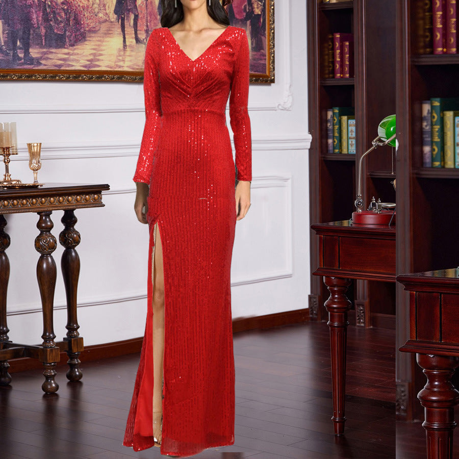 Sequin Deep V-Neck Long Sleeve High Split Mermaid Evening Gown