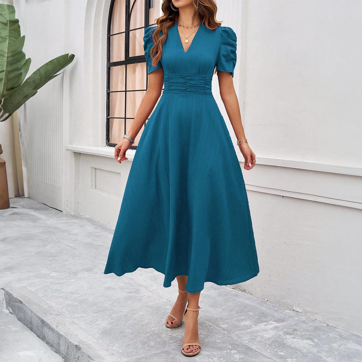 V-Neck Puff Sleeve Ruched Waist A-Line Midi Dress
