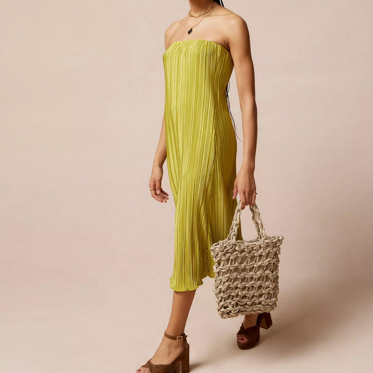 Plisse Pleated Strapless Tube Straight Midi Dress