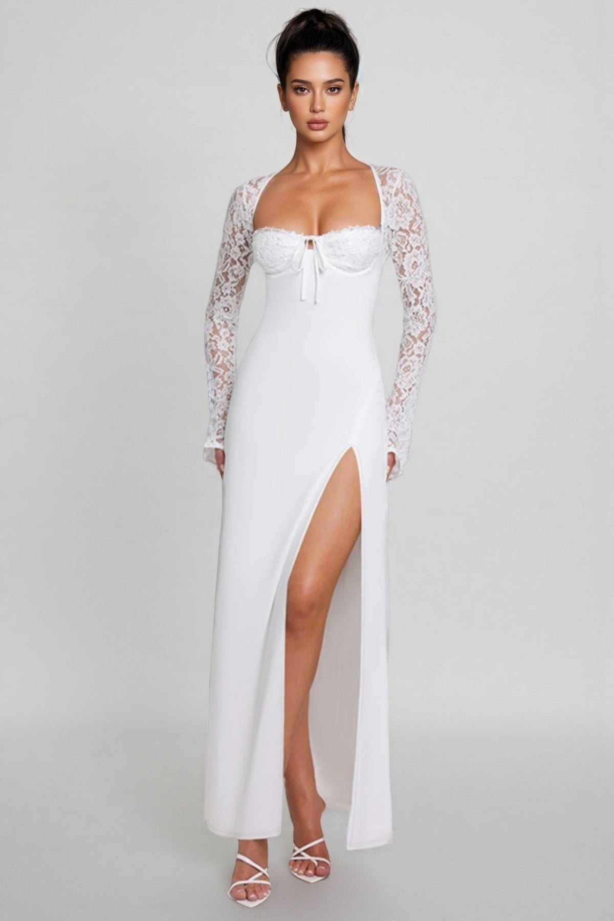 Square Neck Lace Long Sleeve Tie Front High Split Maxi Dress