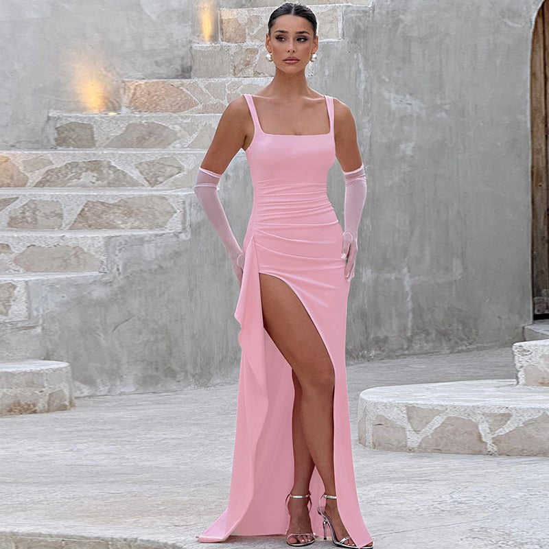 Square Neck Ruched High Split Bodycon Maxi Dress