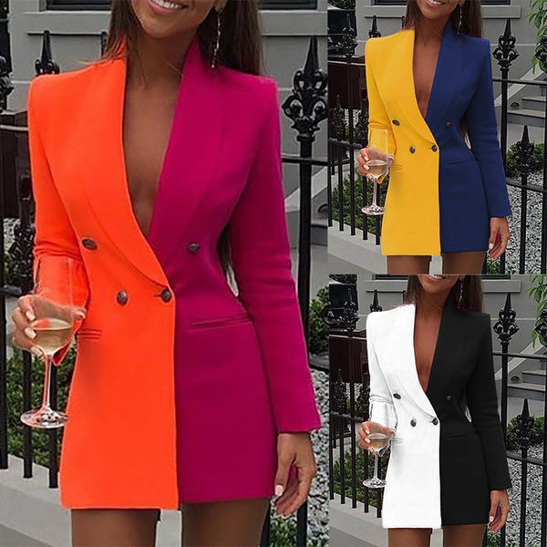 Double Breasted Flap Pocket Long Sleeve Deep V-Neck Blazer Mini Dress