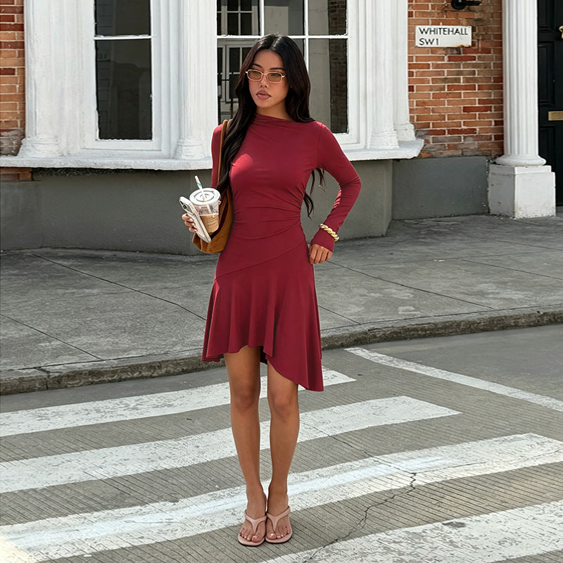 Mock Neck Long Sleeve Fitted Asymmetric Hem Mini Dress 2