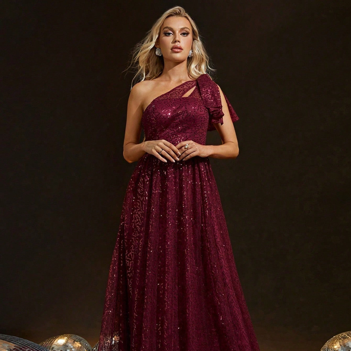 Sequin One Shoulder Cut Out Bow A-Line Maxi Gown