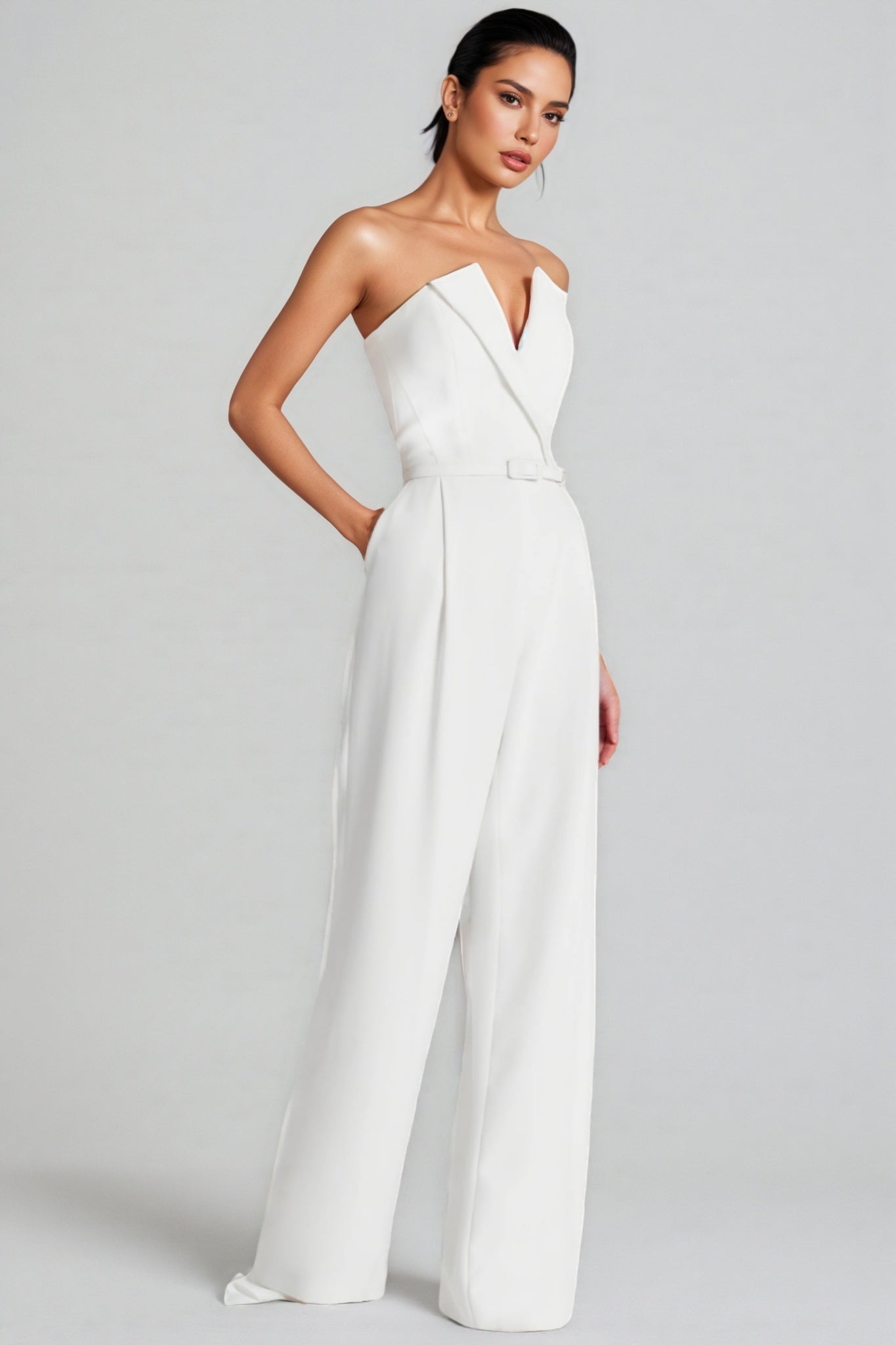 Mesh Pearl Embellished Tuxedo Lapel Belted Wide Leg Jumpsuit
