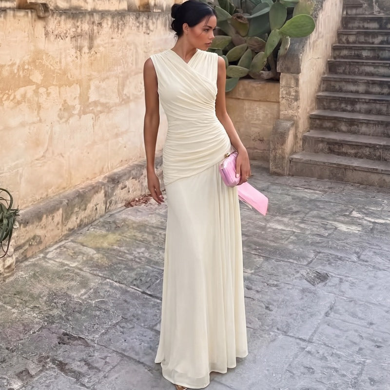 Sleeveless Ruched Surplice V-Neck Mesh Maxi Dress