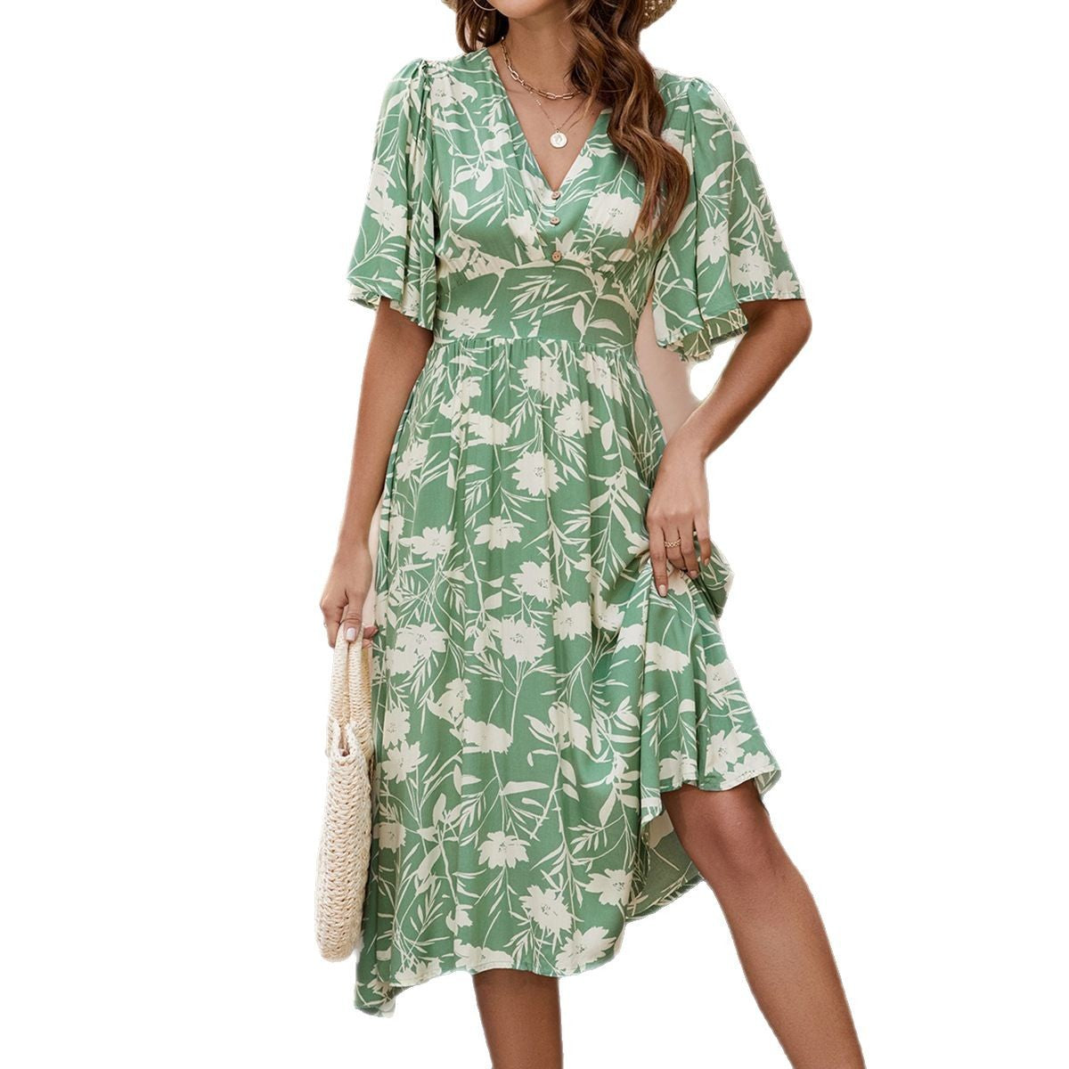 V-Neck Flutter Sleeve Floral Fit and Flare Midi Dress