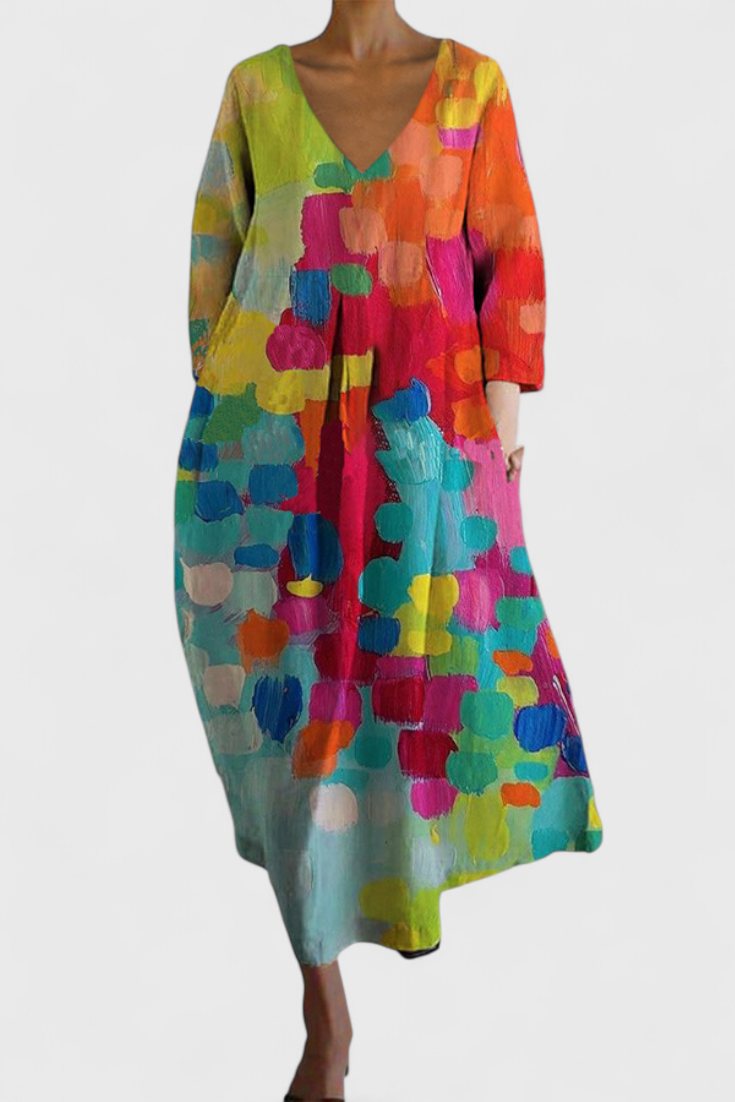 Abstract Print V-Neck Three Quarter Sleeve Oversized Maxi Dress