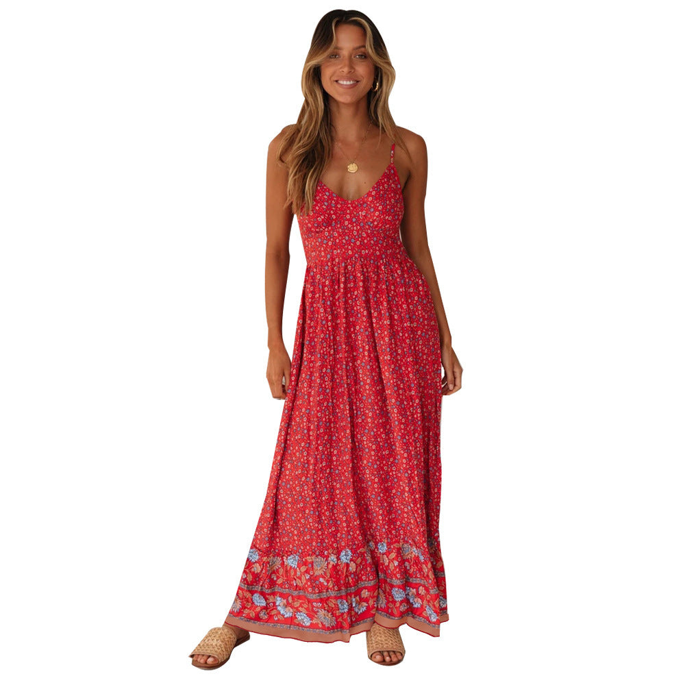 Boho Ditsy Floral Print V-Neck Spaghetti Strap Border Hem Maxi Dress 6