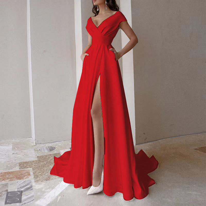 Deep V-Neck Draped Cap Sleeve High Waist High Split Pocket A-Line Formal Gown