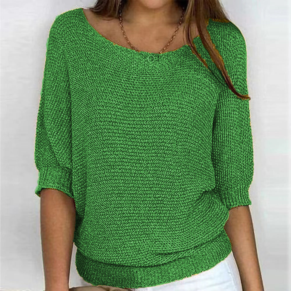 Boat Neck Short Sleeve Ribbed Hem Knit Sweater