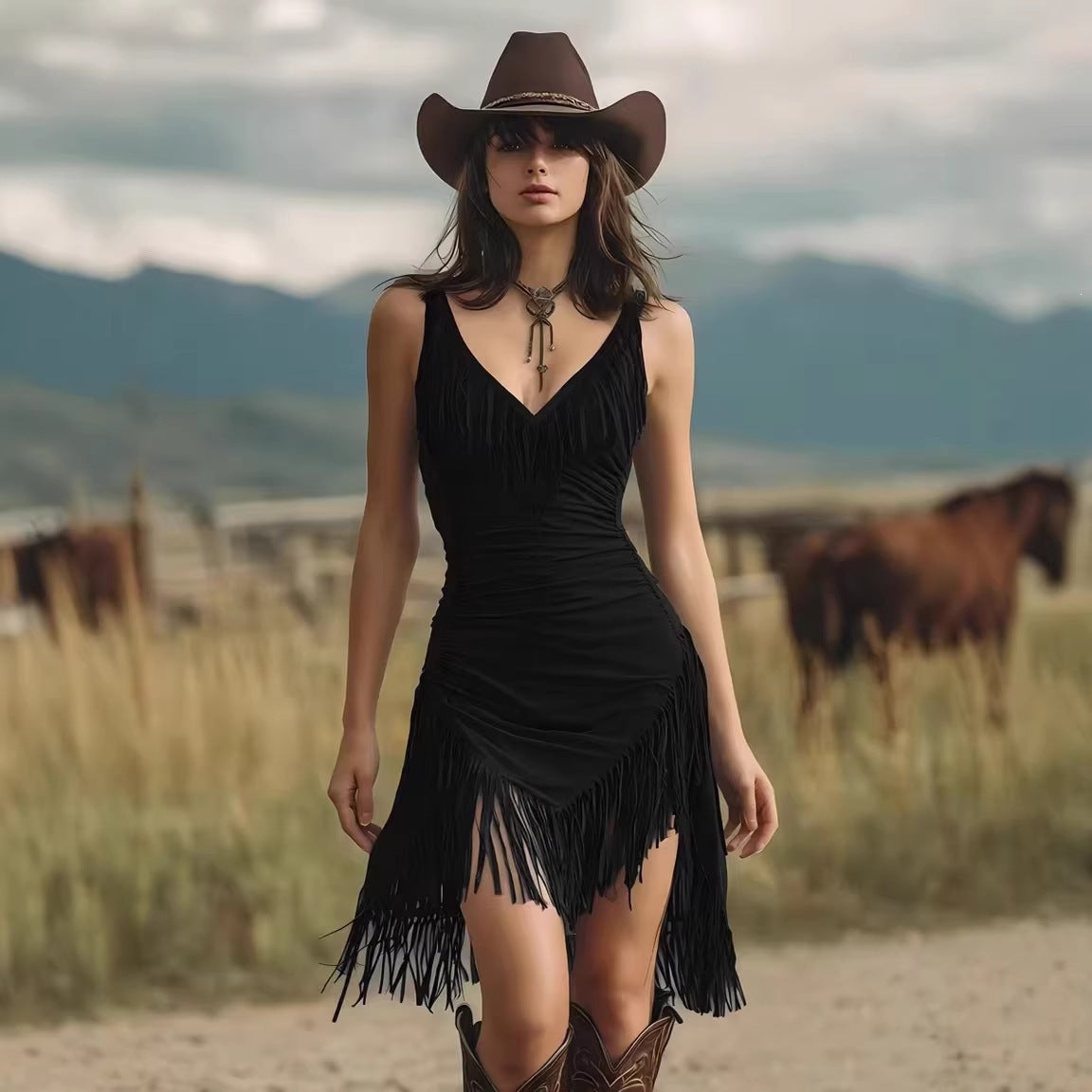 Faux Suede Fringe Deep V-Neck Ruched Mini Dress 4