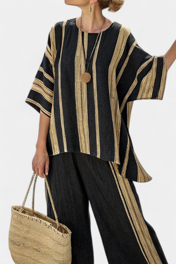 Striped Short Sleeve Top and Wide Leg Pants Two Piece Set