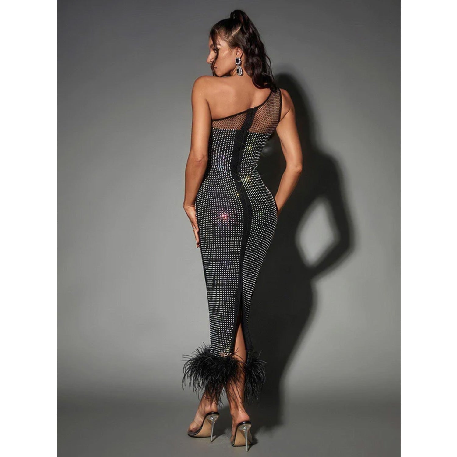Women Wear Single Shoulder Mesh Rhinestone Feather Bandage One Piece Dress - View 2