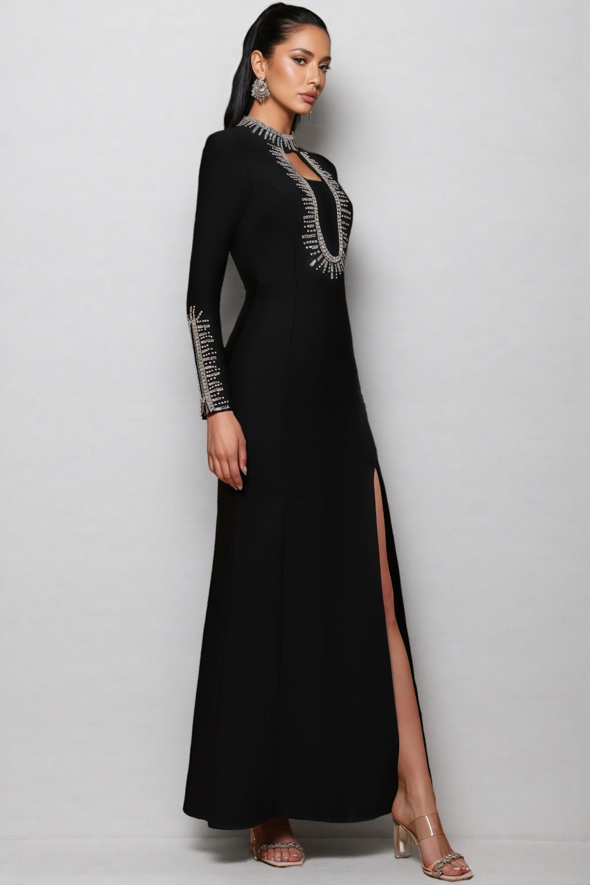 Rhinestone Embellished Keyhole Mock Neck Long Sleeve High Split Maxi Dress 6