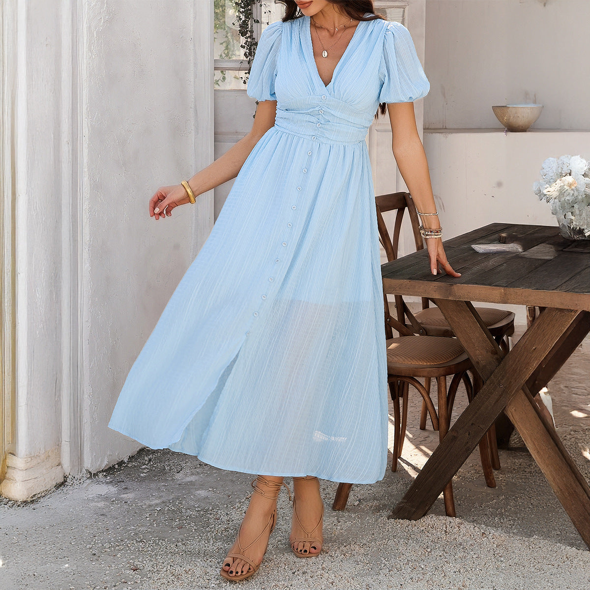 Crinkle Textured Puff Sleeve Deep V-Neck Smocked Waist Button Front High Split Maxi Dress