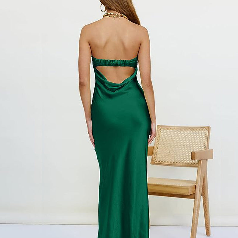 Satin Strapless Fold Over Neckline Column Maxi Dress 7