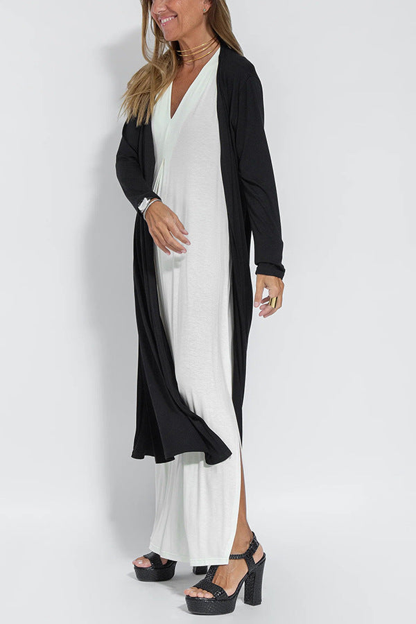 Elegant V-neck Sleeveless Long Dress Matching Vest Cardigan
