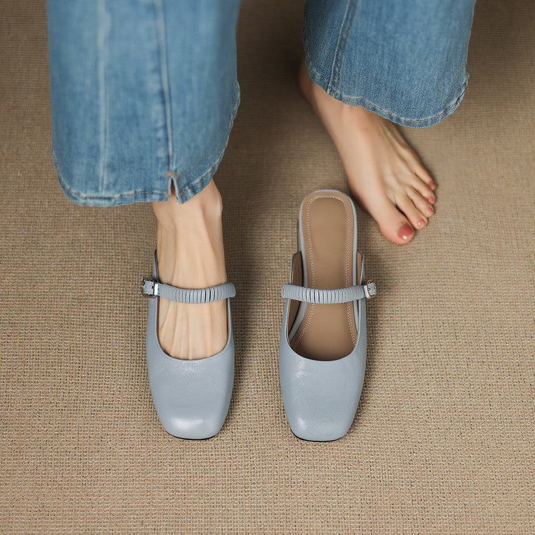 Square Toe Buckle Strap Mary Jane Mules