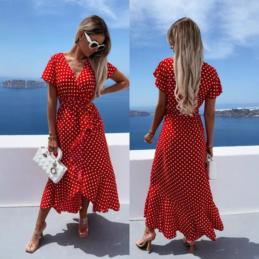 Polka Dot Wrap Deep V-Neck Short Sleeve Ruffle High Low Maxi Dress