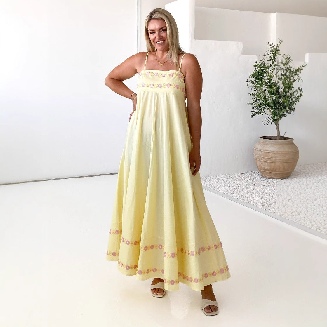Floral Embroidered Spaghetti Strap Maxi Dress Summer 4
