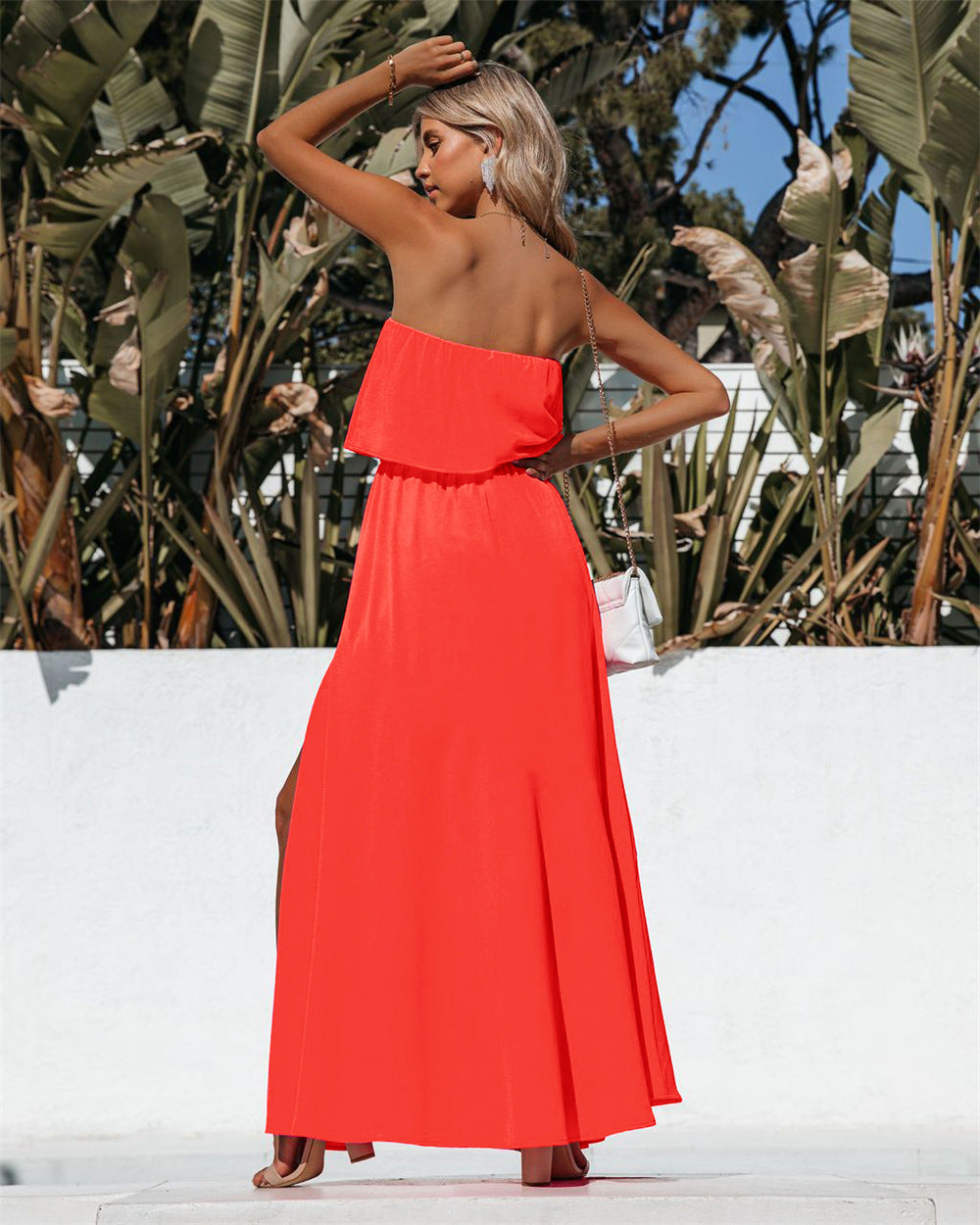 Vivid Strapless Slit Maxi Dress Bright Orange