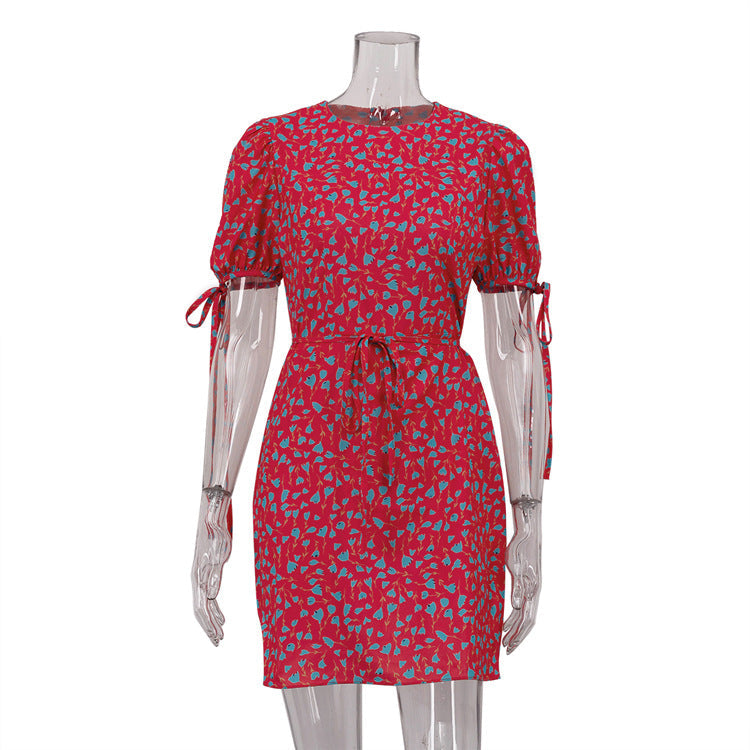Floral Round Neck Short Sleeve Tie Cuff Lace Up Waist Mini Dress