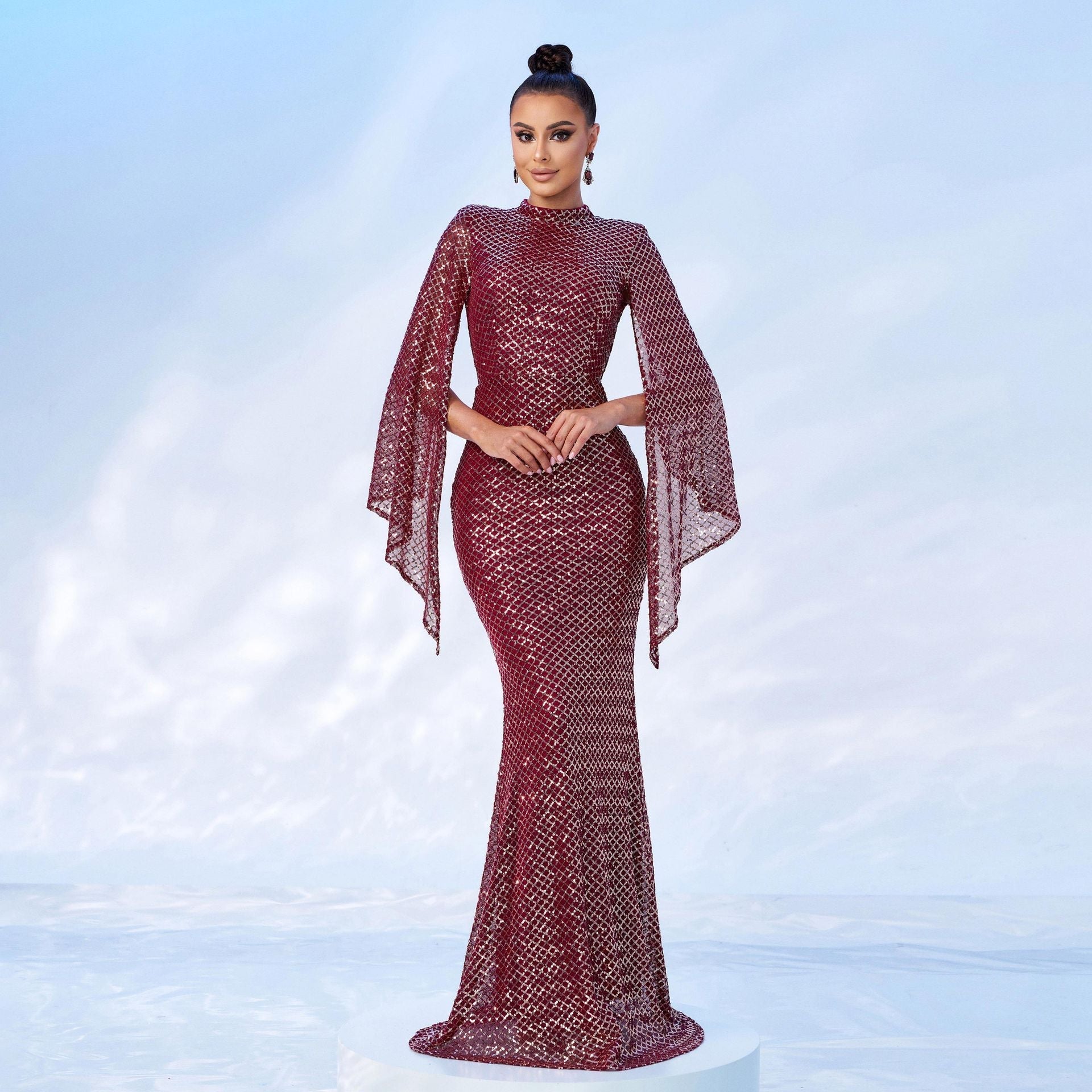 Sequin High Neck Cape Sleeve Mermaid Gown