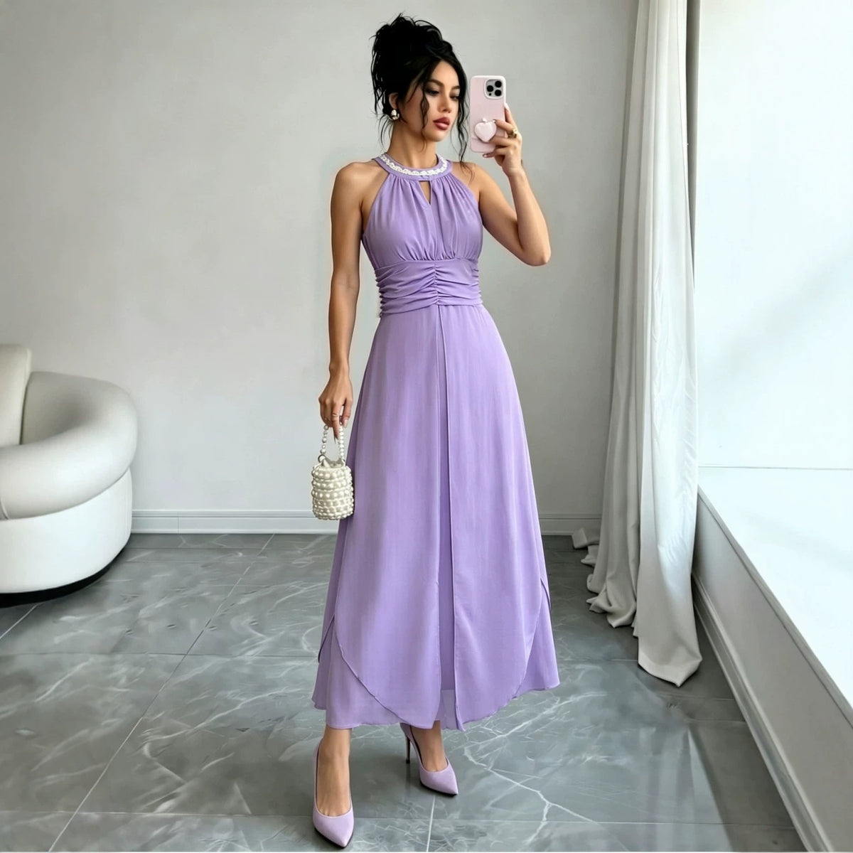 Popular Version Halter Beaded Swing Strapless Sexy Dress Chiffon Formal Dress