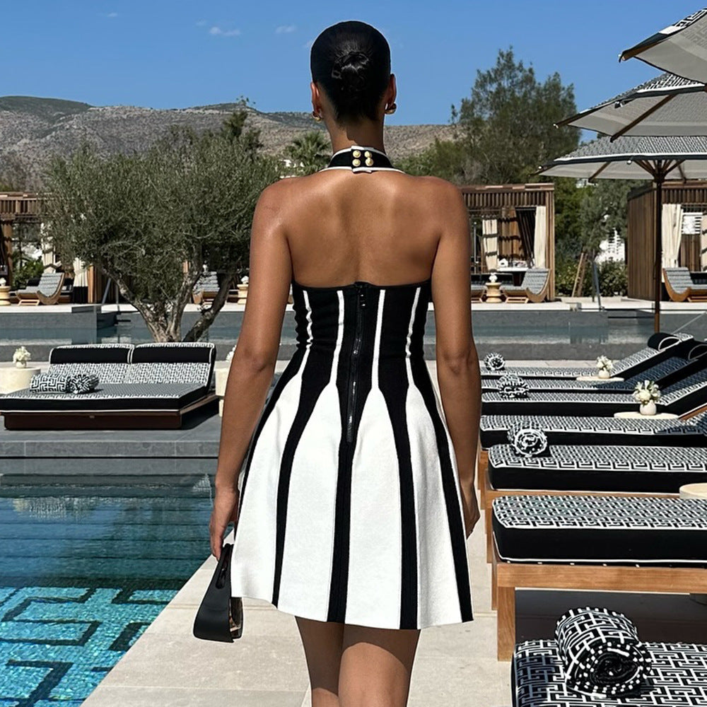 Halter Backless Striped Bandage Midi Dress - View 2