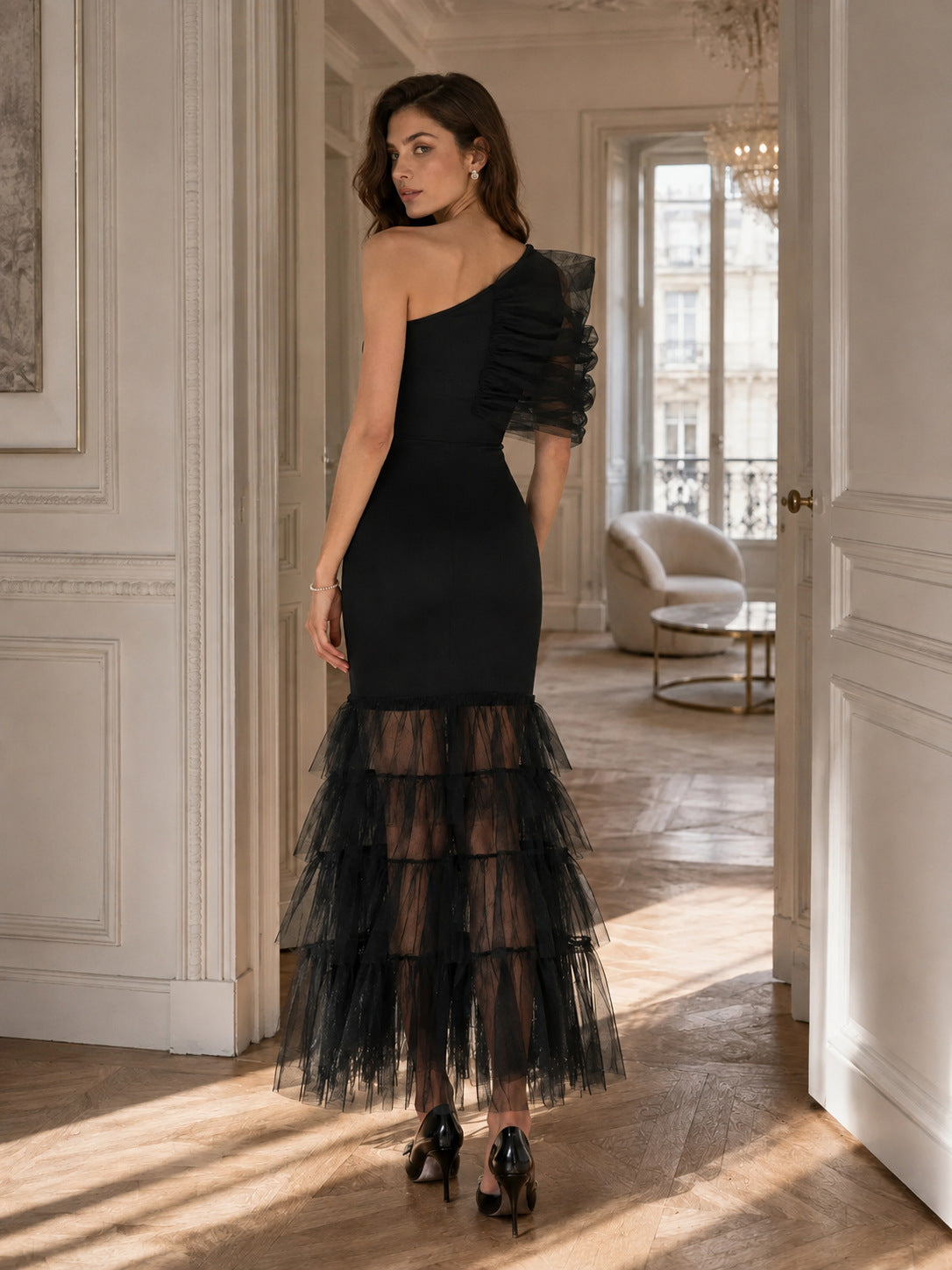 Black Asymmetric Mesh Slim Fit Patchwork Dinner Fishtail Dress