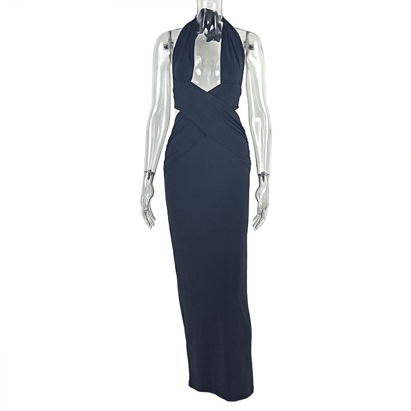 Deep V-Neck Halter Side Cut Out Ruched Bodycon Maxi Dress 5