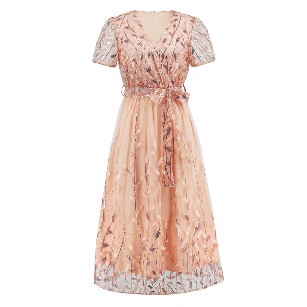Mesh Embroidered Leaf Sequin V-Neck Wrap Tie Waist A-Line Midi Dress