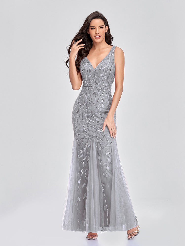 Sequin Embroidered V-Neck Sleeveless Tulle Mermaid Gown