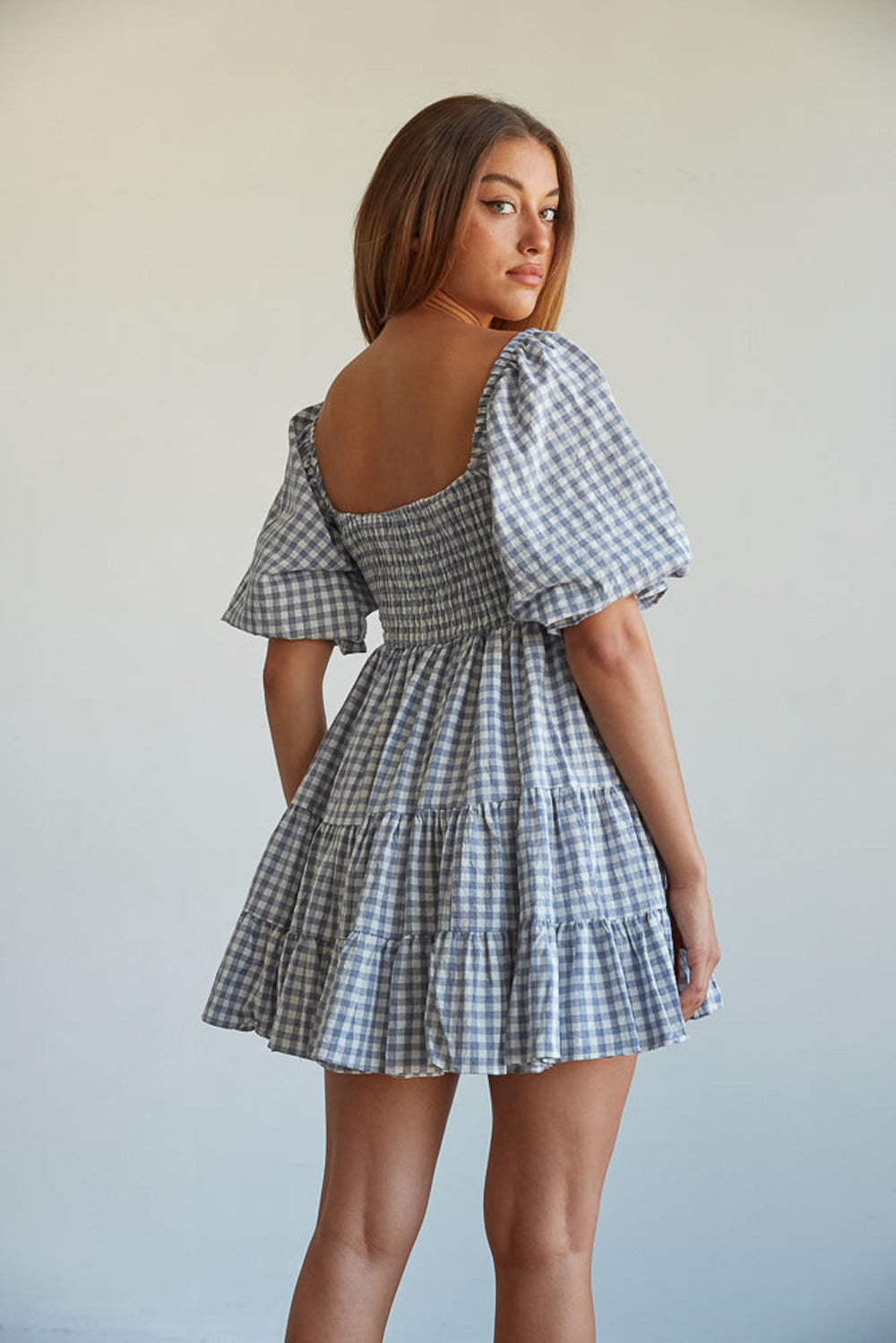 Women Clothing Plaid Tight Waist Large Swing Square Collar Short Sleeve Plaid High Waist Dress