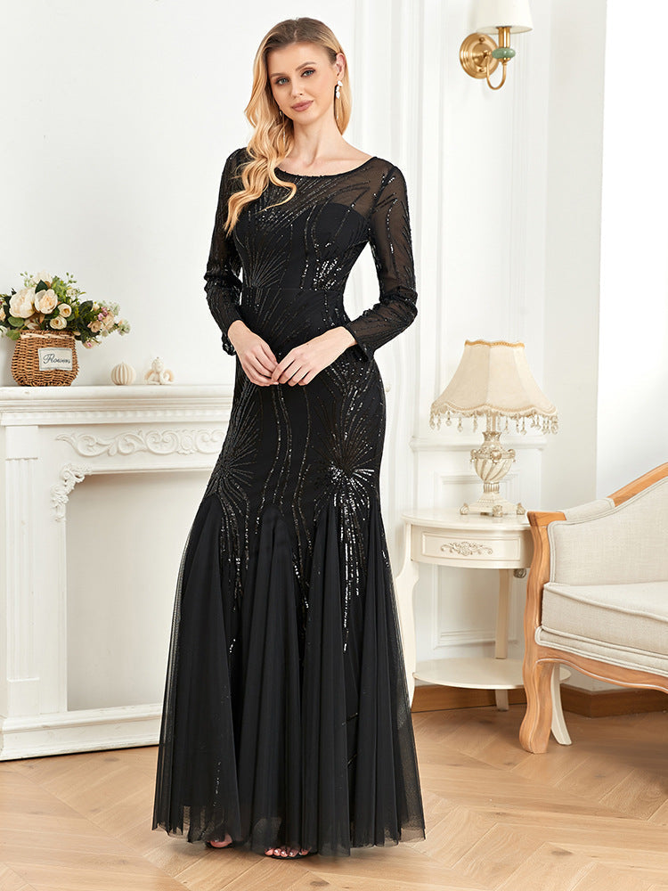 Sequin Crew Neck Long Sleeve Tulle Mermaid Maxi Gown